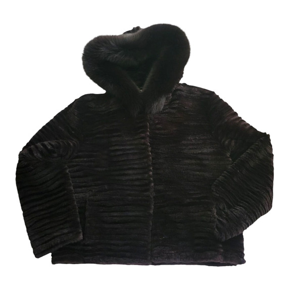Trilogy Genuine Diet Brown Sheared Rex Rabbit & Fox Hooded Women Jacket Size L - Picture 4 of 8